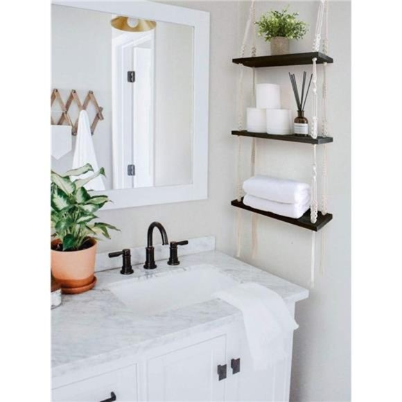 Macrame Shelf Hanging Shelves, Wooden Wall Shelf with Woven Rope, Black Shelves - Picture 3 of 6